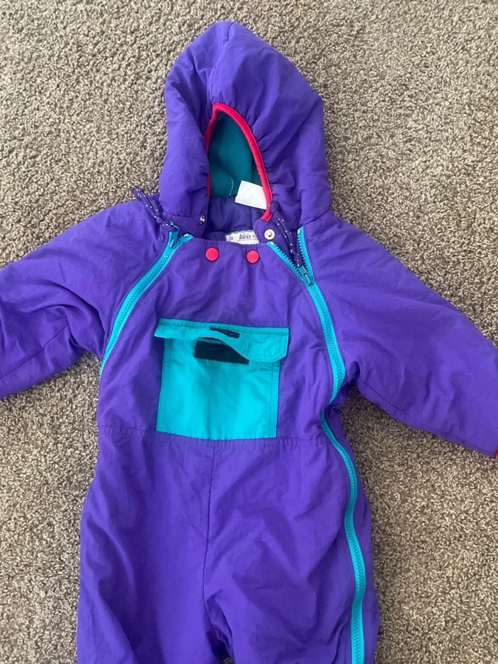 REI Purple Kids Hooded Snowsuit with Teal Lining and red Trim